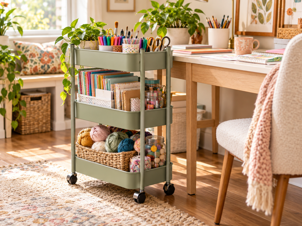 Green rolling craft cart beside a desk holding paper, yarn, scissors, and supplies