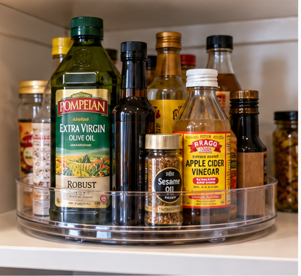 Pantry turntable organizing oils, vinegars, sauces, and small bottles