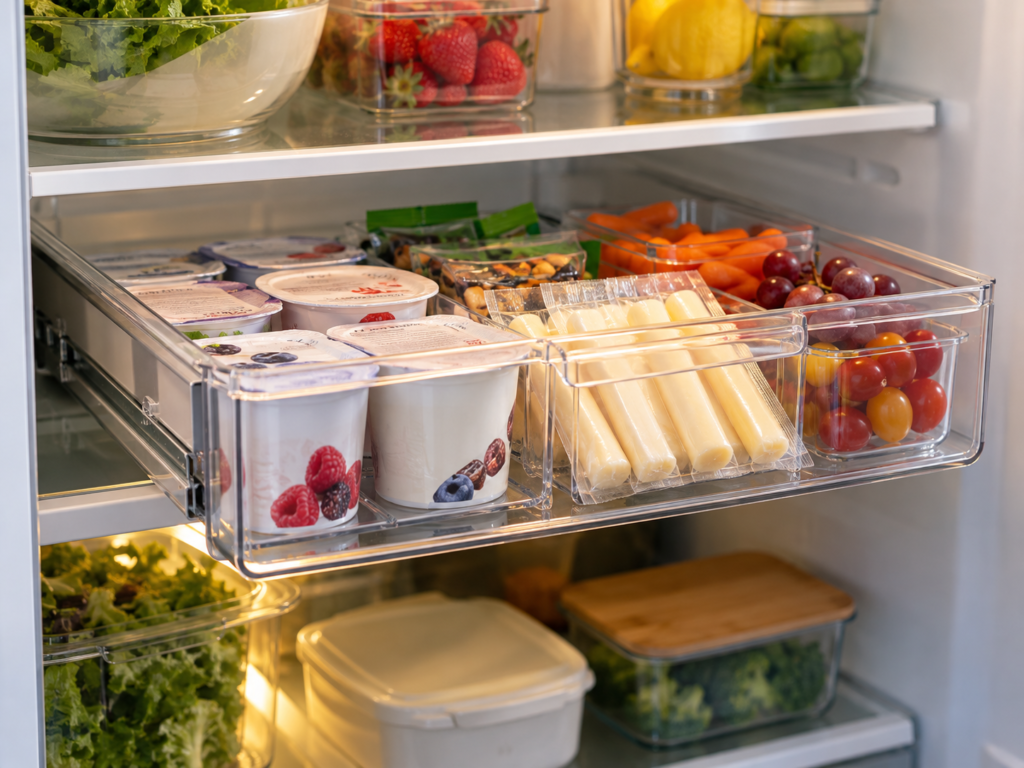 Pull out refrigerator drawer bin holding yogurt, cheese, fruit, and snack foods