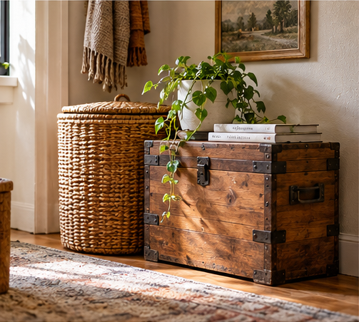 Vintage style wood trunk and woven hamper used as storage in a small room