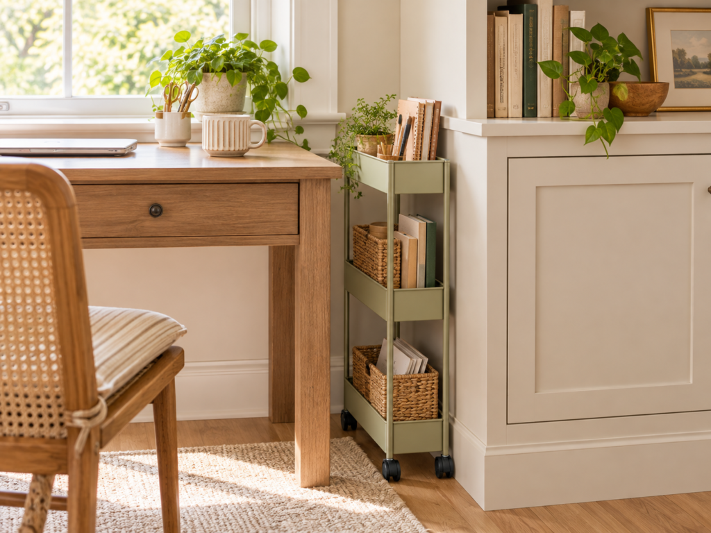 Skinny rolling cart parked in a narrow gap beside a desk and cabinet