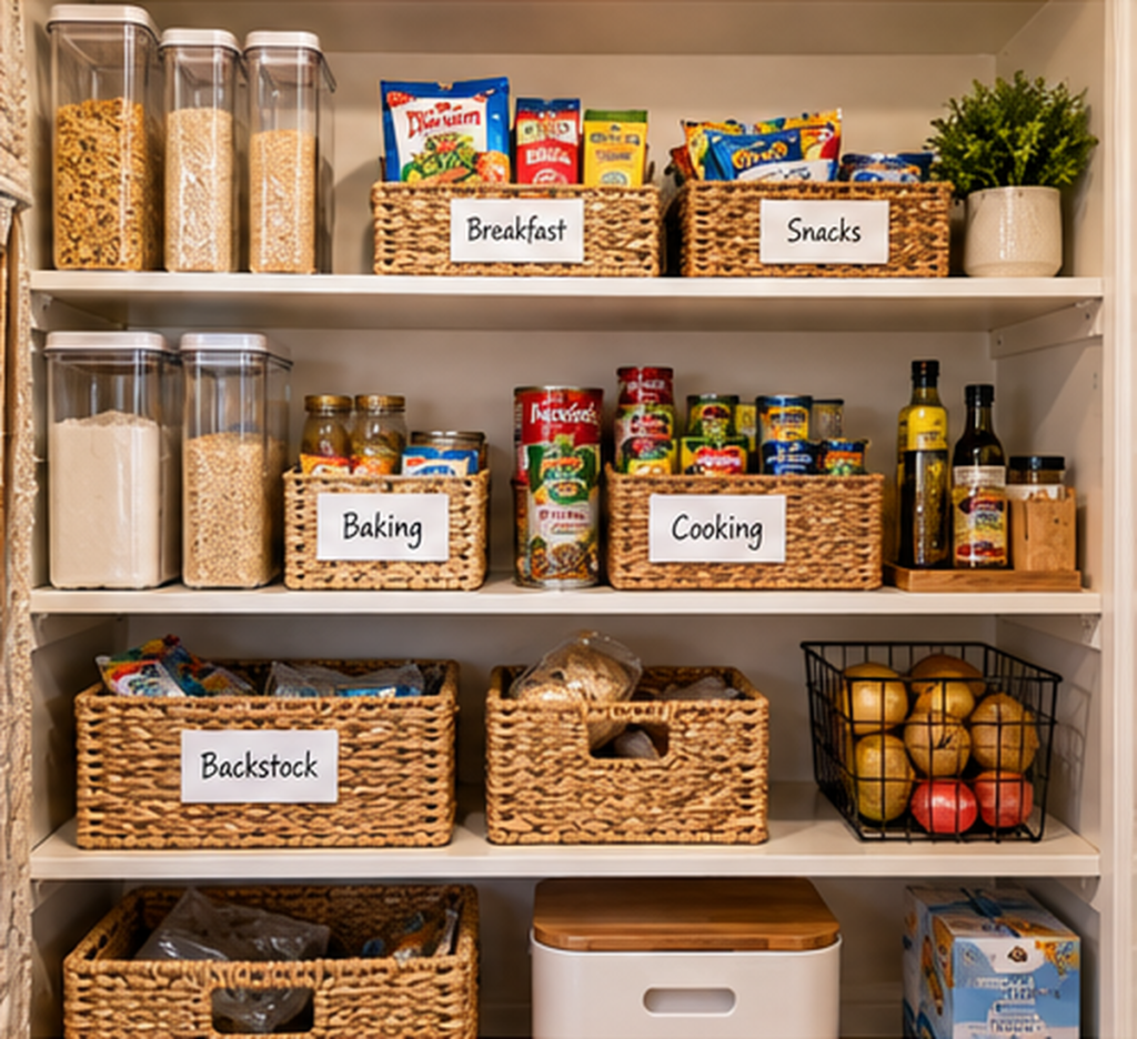 Small pantry organized into simple zones for breakfast, snacks, cooking, baking, and backstock