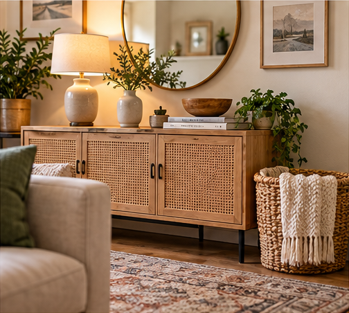 Calm living room storage zone with console cabinet, baskets, books, and simple decor
