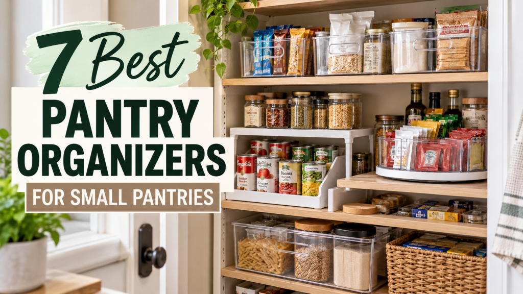 7 best pantry organizers for small pantries featuring clear storage bins, shelf risers, canned food organizers, and rotating turntables.