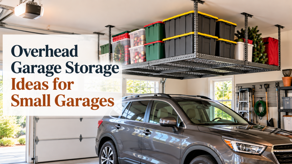 Overhead garage storage ideas for small garages featuring ceiling-mounted racks and organized storage bins above a parked SUV.