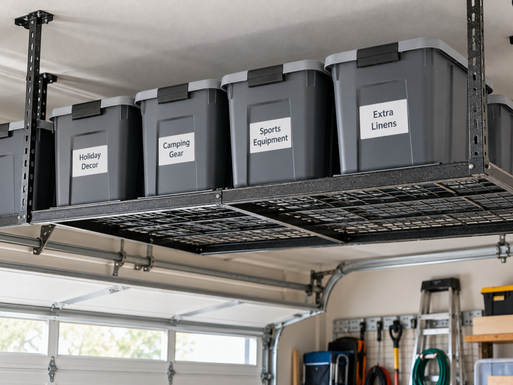Matching gray storage bins with labeled fronts arranged on an overhead metal garage storage rack.