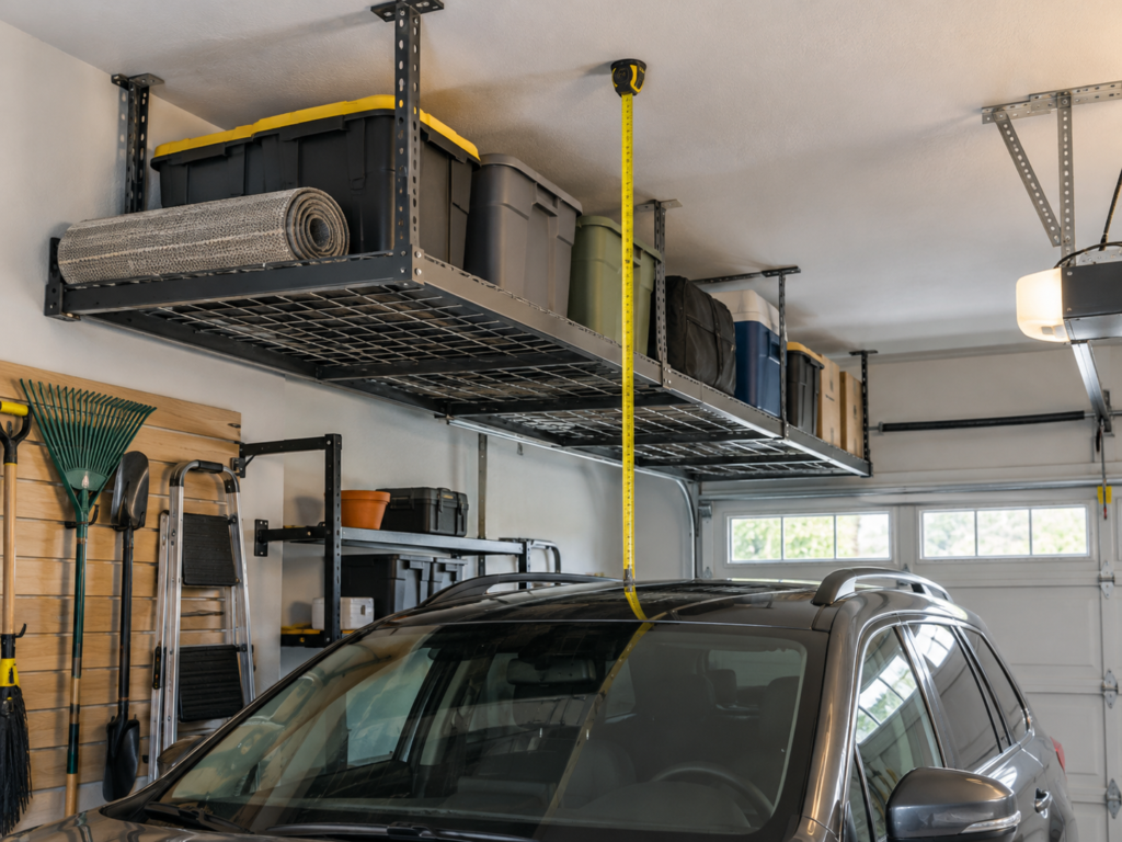 Yellow tape measure checking available clearance between an overhead garage storage rack and a parked SUV.