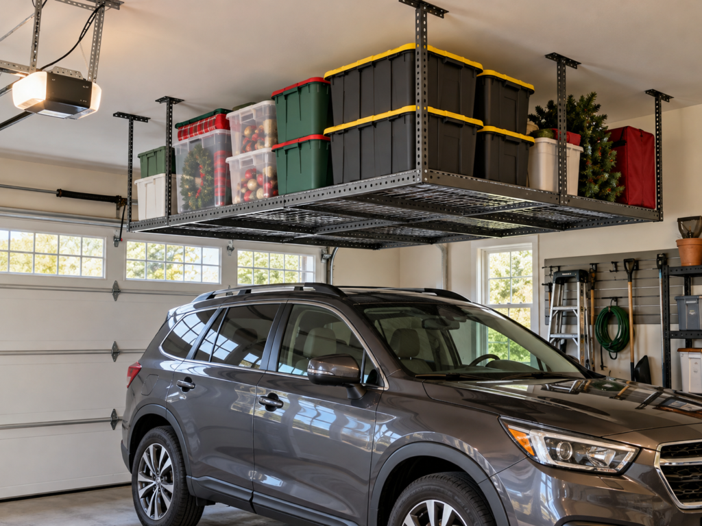 Overhead garage storage rack holding organized seasonal bins above a parked SUV in a small garage.