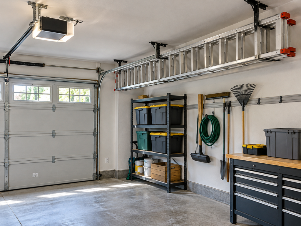 Long aluminum ladder stored horizontally on overhead brackets along the side wall of an organized garage.