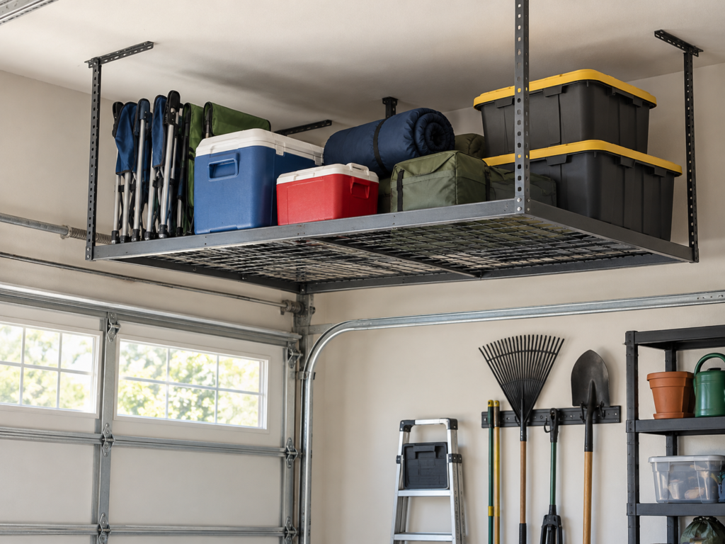 Ceiling-mounted garage storage rack organizing folding camping chairs, coolers, sleeping bags, and seasonal equipment.