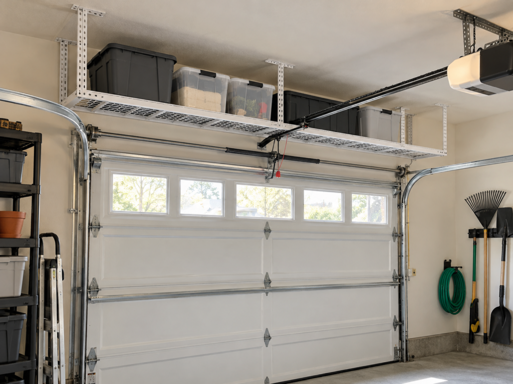 Shallow overhead garage storage rack with plastic bins installed above a sectional garage door.