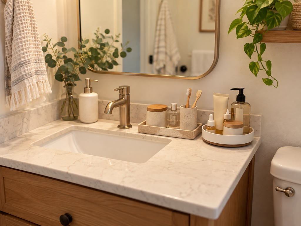 Small bathroom vanity with organized counter storage and minimal clutter