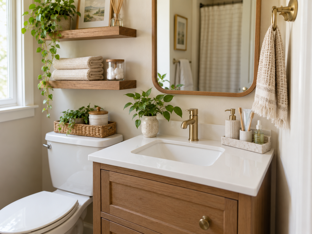 Small bathroom shelves holding toiletries, towels, and baskets beside the vanity