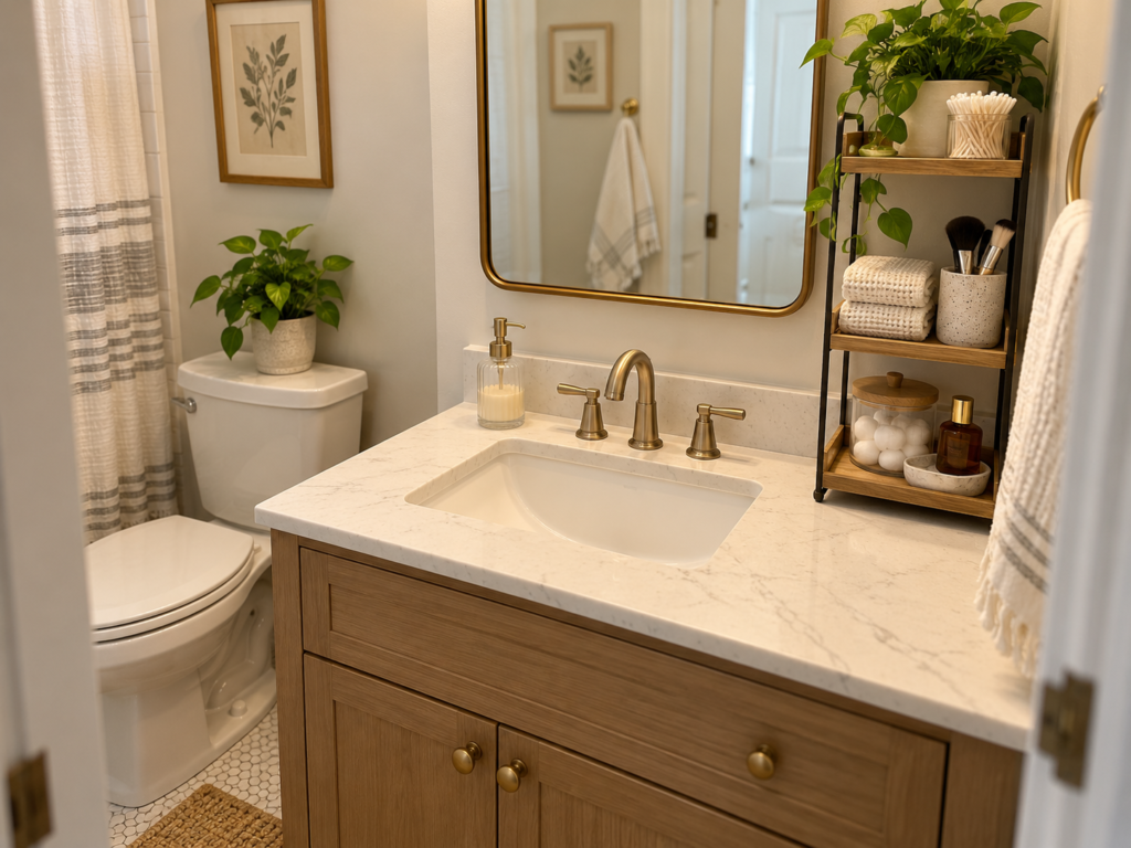 Compact bathroom counter organizer with tray and turntable for skincare and toiletries
