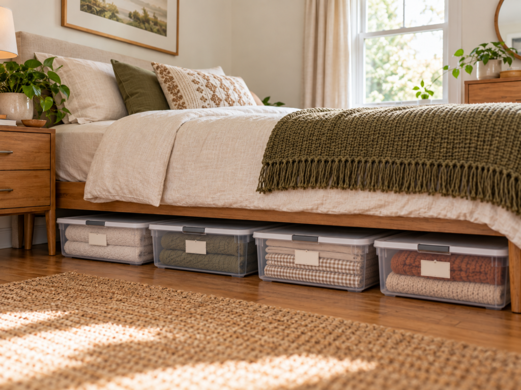 Lidded under-bed storage bins with labels protecting folded bedding from dust