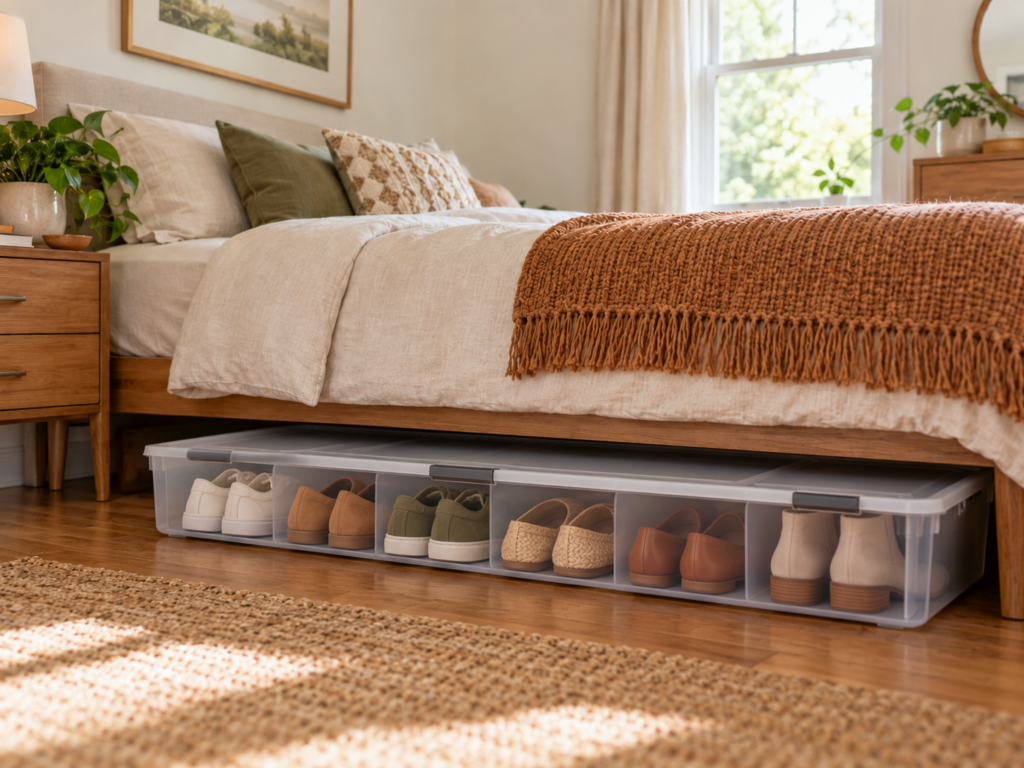 Divided under-bed shoe organizer storing multiple pairs of shoes