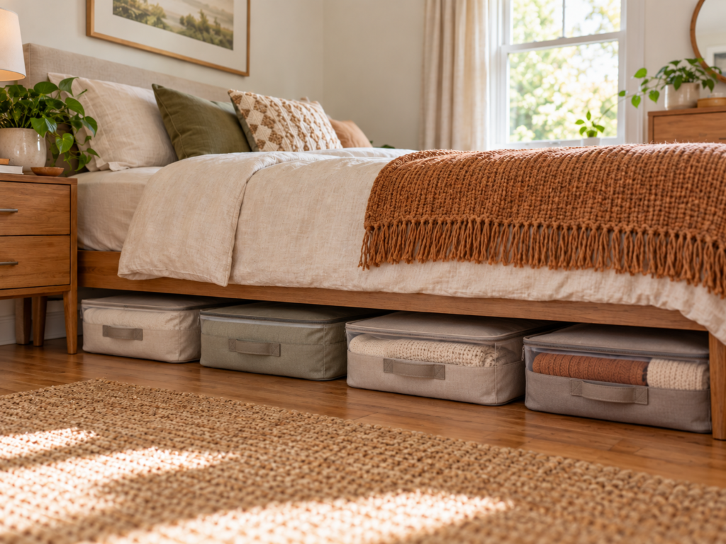 Soft-sided under-bed storage bags holding clothing and linens