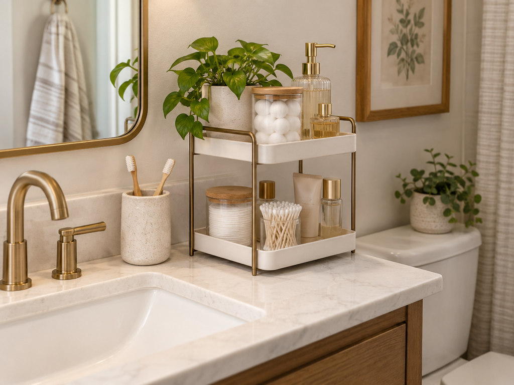 Two-tier bathroom counter organizer holding daily toiletries beside a small sink