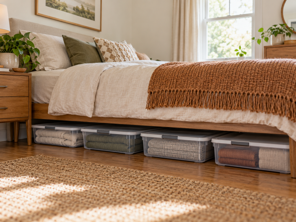 Low-profile storage bins organized beneath a bed in a small bedroom