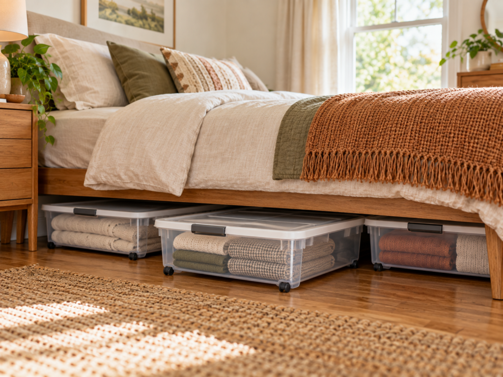 Wheeled under-bed storage bins partially pulled out beneath a small bedroom bed