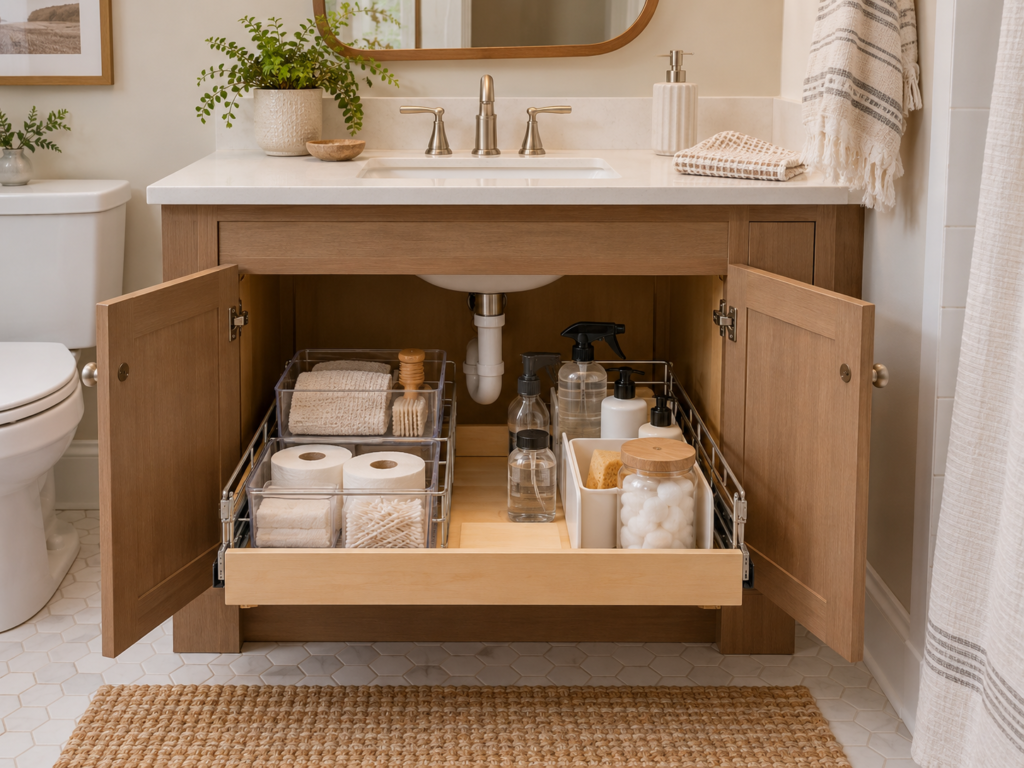 Pull-out organizer under bathroom sink storing toiletries and cleaning supplies