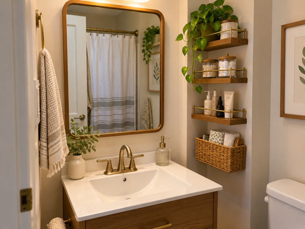 Wall-mounted bathroom shelves beside mirror for toiletries and small storage