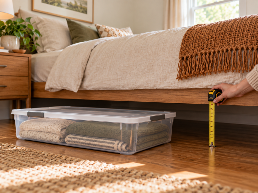 Measuring under-bed clearance with a tape measure before choosing storage bins. under bed storage for small bedrooms